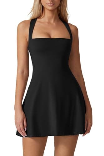 QINSEN Robe de tennis à col carré pour femme, sans manches, short intégré, robe de golf athlétique avec poches, noir, M