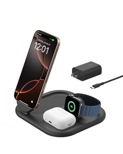 Chargeur iPhone 3-en-1 compatible MagSafe Belkin 15 W, station de charge sans fil magnétique pliable certifiée Qi2 pour iPhone 17, Apple Watch Series...