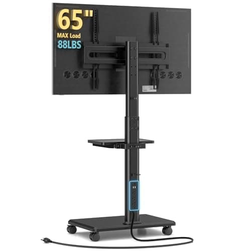 Support TV mobile AX WABER avec prises de courant et étagère, support TV portable au sol avec roues pour écran plat/incurvé LCD LED OLED de 27 à 65 pouces,...