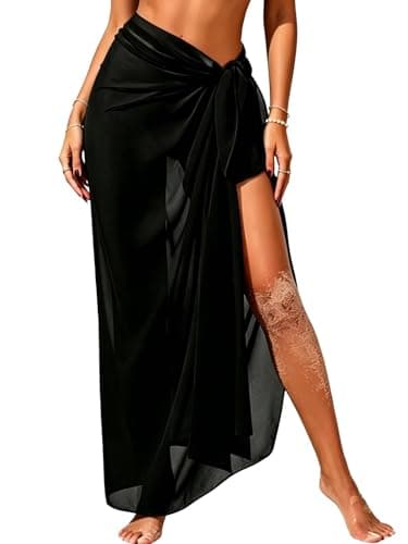 Sarong Beach Coverups Women Long Chiffon Bathing Suit Cover Up Sheer Bikini Tie Wrap Skirt 2026(Black)