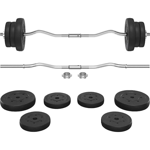 Yaheetech Olympic Ensemble de poids d'haltères d'exercice de levage de 55 lb, barre de curl EZ de 1 pouce avec deux poids de 11 lb, quatre poids de 5,5 lb, 2 colliers de serrage de verrouillage