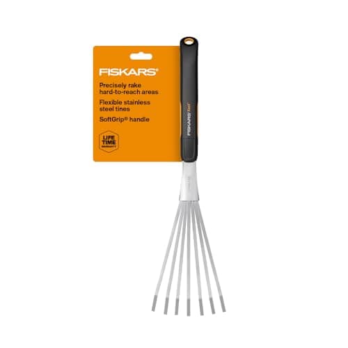 Fiskars Xact Hand Rake, Heavy Duty Gardening Hand Tool with Ergonomic Handle and Hanging Hole for Storage, Stainless Steel Head and Tines, Perfect...