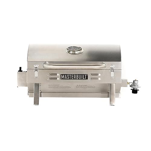 Masterbuilt Portable Propane Grill Stainless Steel 10000 BTU Burner 288 sq in Cooking Surface Folding Legs Locking Lid Chrome Warming Rack