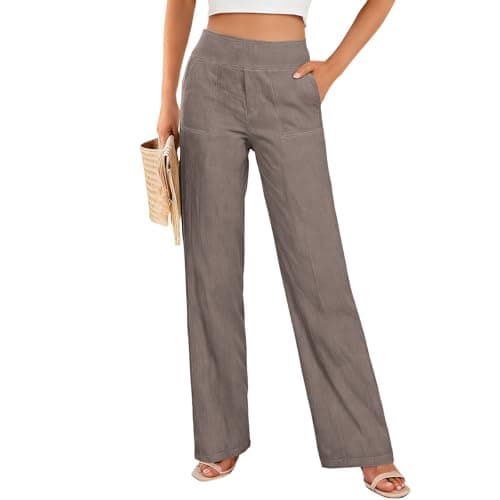 Womens Linen Pants Wide Leg Yoga Pants Women Casual Cotton Linen Palazzo Pant Lounge Beach Vacation Summer Straight Leg Trousers with Pockets Bronze L
