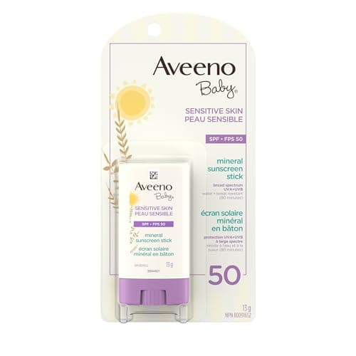 Aveeno Baby Sensitive Skin Mineral Sunscreen Stick SPF 50 with 100% mineral active ingredient, for Face & Body, Sweat- & Water-Resistant Kids...