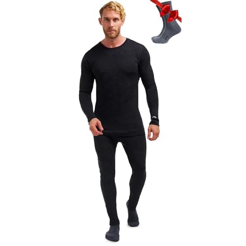 Ensemble de base en laine mérinos pour homme – Lite, poids moyen, lourd – Sous-vêtement thermique pour homme, haut et bas avec chaussettes (Medium, 250 gris anthracite)