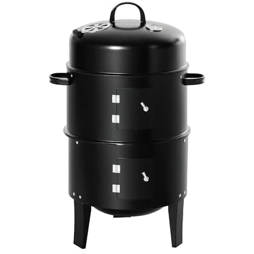 Outsunny Vertical Charcoal BBQ Smoker, 3-in-1 16" Round Barbecue Grill with 2 Cooking Area and Thermometer for Outdoor Camping Picnic Cooking, Black