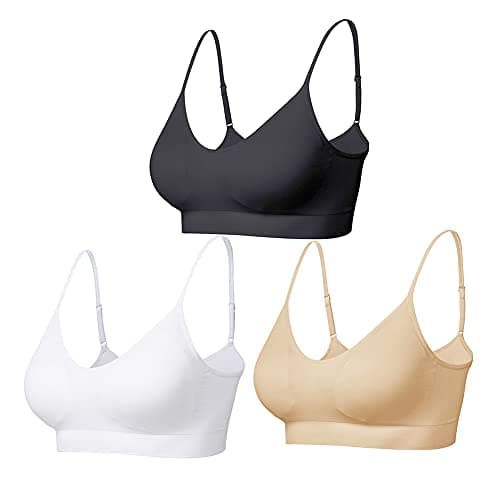 Comfyin Lot de 3 soutiens-gorge rembourrés pour femme avec bretelles, soutien-gorge de sommeil, yoga, sport, noir + beige + blanc, M