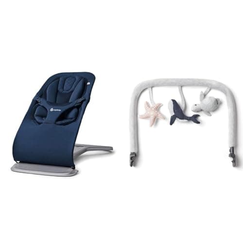 Transat Ergobaby Evolve 3-en-1, siège de transat pour bébé multi-positions réglable, s'adapte du nouveau-né au tout-petit, bleu nuit et barre de jouets videur Evolve 3-en-1...
