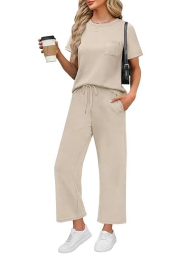 WIHOLL 2 Piece Set Women Vacation Outfits Summer Crewneck Short Sleeve Wide Leg Crop Pants Lounge Sets Sweatsuit Beige S