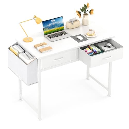 CAIYUN Small White Desk with Fabric Drawers for Bedroom, 31 Inch Home Office Desk with Side Pocket and Hook for Small Space, Makeup Vanity Desks...