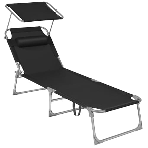 SONGMICS Chaise longue, chaise longue pliante, transat, 76 x 20,9 x 11,4 pouces, charge max. Charge 330 lb, avec appui-tête pare-soleil, dossier réglable, pour...