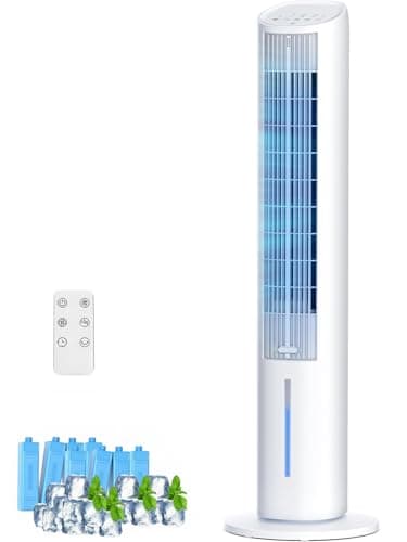Refroidisseur d'air par évaporation 4 en 1, climatiseur portable de 45 pouces, ventilateur tour sans pales sur pied à 3 vitesses de vent, portée de télécommande de 5 m, 3L amovible...