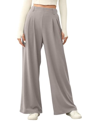 EVALESS Women's Wide Leg Pants with Pockets Trendy 2026 High Waisted Business Casual Pants Ladies Comfy Waffle Knit Lounge Loose Pants, Grey Large