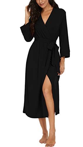VINTATRE Women Kimono Robes Long Knit Bathrobe Lightweight Soft Knit Sleepwear Ladies V-neck Casual Loungewear Black Large