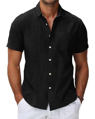 HMIYA Mens Shirts Black Short Sleeve Button Up Shirts for Men Casual Cotton Linen 2XL