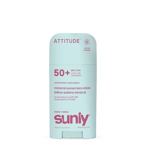 Stick de protection solaire minérale pour bébé ATTITUDE SPF 50, oxyde de zinc à large spectre, vérifié EWG, non nano, stick sans dégâts pour le visage et le corps, léger...