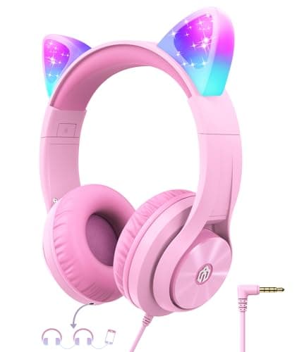 Cat Ear Led Light Up Kids Headphones, iClever HS20 Wired Headphones -Shareport- 85dBA Volume Limited, Foldable Over-Ear Headphone for Kids...
