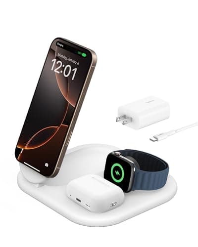 Belkin 3-in-1 MagSafe-Compatible iPhone Charger 15W, Foldable Magnetic Qi2-Certified Wireless Charging Station for iPhone 17, Apple Watch Series...