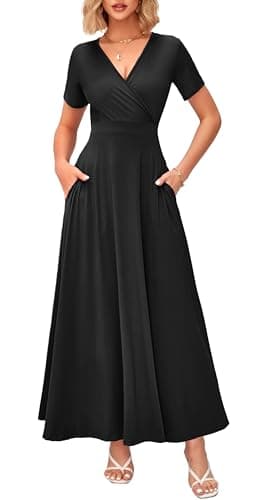 MISFAY Robe Maxi d'été pour Femmes Col en V Robe Longue élégante à Manches Courtes avec Poches,Noir,L