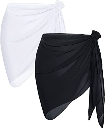 2 pièces Bikini Sarong Cover Ups pour femmes plage pure maillots de bain en mousseline jupe portefeuille (noir et blanc)