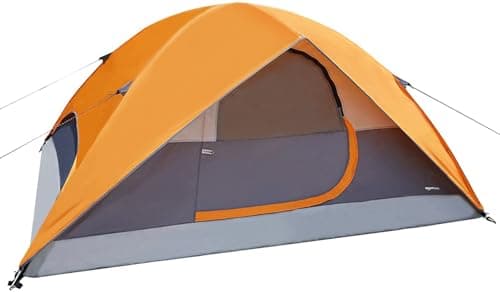 Amazon Basics Tente de camping 4 personnes, design dôme 3 saisons avec double toit, orange/gris