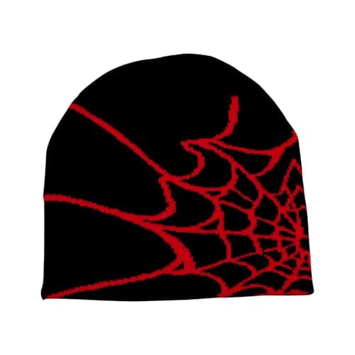 Taowave Arcteryx Beanie,Y2K Gothic Spider Pattern Wool Streetwear Headwear Winter Knit Beanies Hats for Men Women, Black Red, One Size