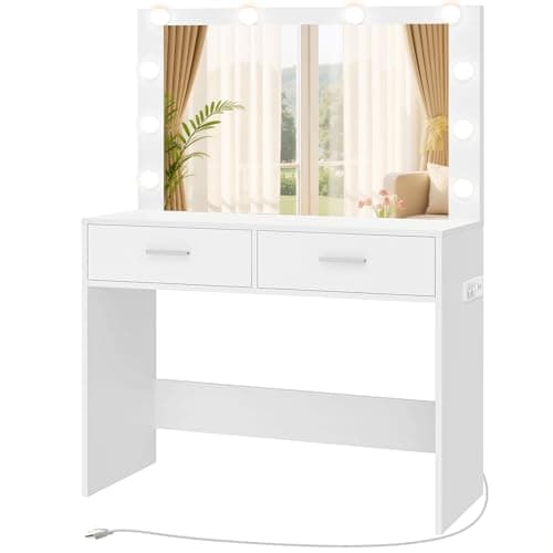 FIONESO Vanity Desk with Large Mirror & 10 Lights, Makeup Vanity with Power Strip and 2 Large Drawers, Vanity Table with 3 Color Light Adjustable...