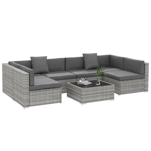 Outsunny 7 Piece Patio Furniture Set, PE Rattan Outdoor Conversation Set with Sectional Sofa, Glass Tabletop, Cushions and Pillows for Garden,...