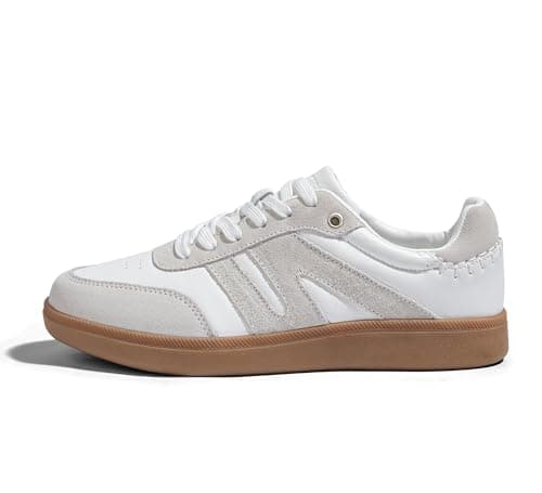 LUCKY STEP Women Classic Retro Gum Sole Fashion Sneakers Casual Tennis Skate Shoe Genuine Leather Walking Footwear Anti Slip Trainers(White/Grey,8...