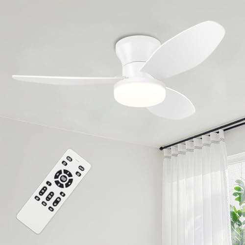 Yoedivu Petit ventilateur de plafond, ventilateur de plafond encastré blanc de 35 pouces avec lumières et télécommande, ventilateur de plafond à profil bas avec 3 pales réversibles 6 vent...