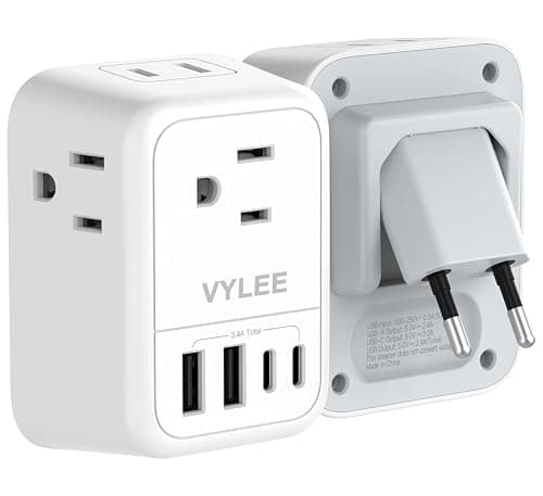 VYLEE Travel Plug Adapter with 4 AC Outlets and 4 USB Ports - European and International Power Adapter, Type C Plug Adapter Travel Essentials to...