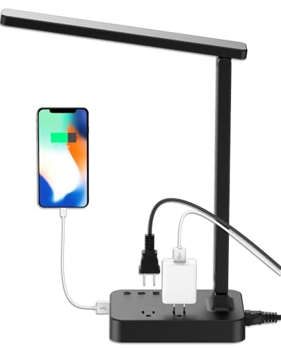 Lampe de bureau LED, lampe de bureau Drevet avec 1 port de chargement USB et 2 prises de courant CA, 3 modes d'éclairage, 3 niveaux de luminosité, minuterie 1H, contrôle tactile,...