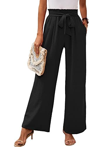 Heymoments Pantalon large pour femme, décontracté, léger, taille réglable, nœud papillon, ample, confortable, fluide, décontracté, noir, grand pantalon avec poches