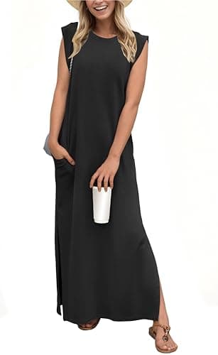 GRECERELLE Womens Summer Dresses Round Neck Sleeveless Maxi Dress Casual Loose Split Long Beach Sundress with Pockets, Black, Medium