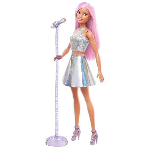 Poupée Barbie Pop Star vêtue d'une jupe irisée avec microphone et cheveux roses, jouet pour enfants de 3 à 7 ans