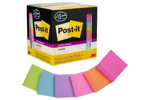Post-it Super Sticky Notes, 15 Sticky Notes Pads, 3 x 3 in., School Supplies and Oﬃce Supplies, 2X the Sticking Power, Assorted Brights