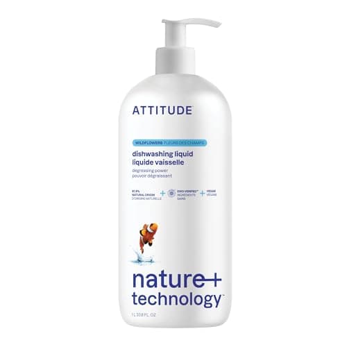 ATTITUDE Dish Soap, EWG Verified, Plant-Based & Vegan Dishwashing Liquid, Naturally Derived, Made in Canada, Wildflowers Scent, 1 Liter