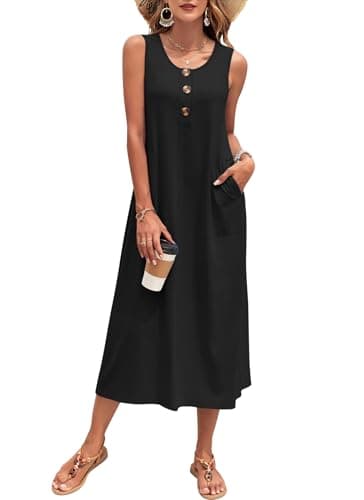 MISFAY Robe d'été pour Femme sans Manches décontractée Plage Longue Robe de Soleil avec Poches,Noir,L