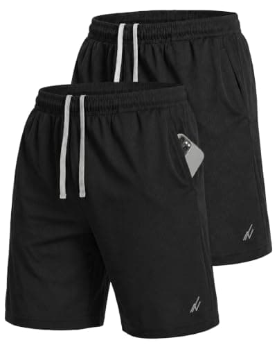 NY Threads Athletic Mens Shorts 2 Pack Quick Dry Running Gym Shorts Men with Pockets, Black/Black, Large