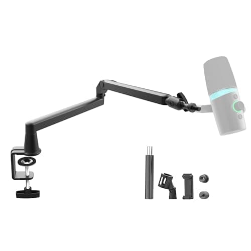 Prizmora Bras de microphone à profil bas Support de perche de micro réglable Support de perche de microphone robuste en métal solide monté sur bureau Bras de perche de microphone Gestion des câbles Pivotant de bureau...