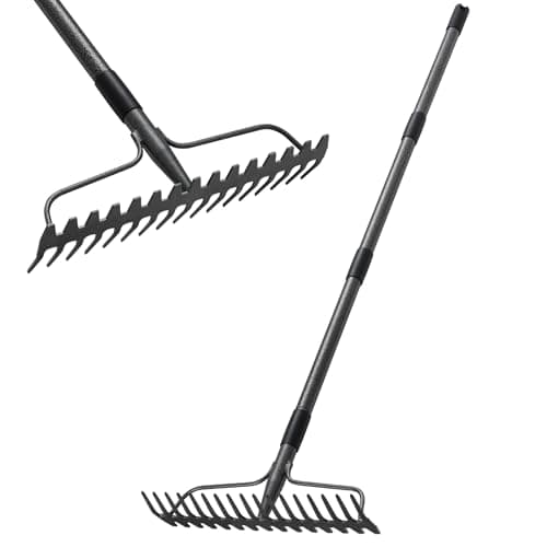 Râteau à chaume pour pelouse, râteau de jardin en métal robuste avec 17 dents, râteau à roche réglable pour le jardinage, ameublir le sol, manche long de 60 pouces