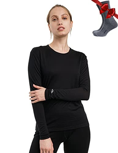 Merino.tech Couche de base en laine mérinos pour femme 100 % laine mérinos Lite, chemise thermique à manches longues avec chaussettes (moyen, 165 noir)