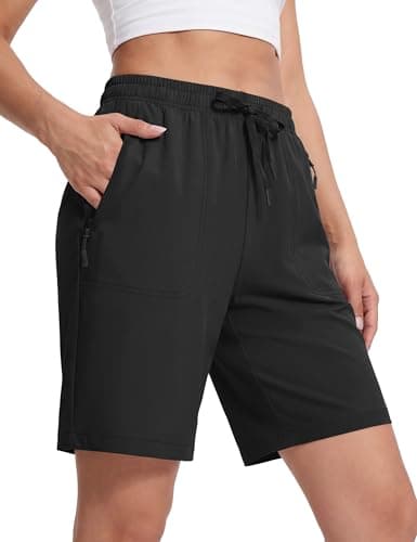 MAGCOMSEN Short de randonnée noir pour femme, séchage rapide, léger, athlétique, short de golf d'été de 8 pouces, résistant à l'eau, 3 poches zippées, M