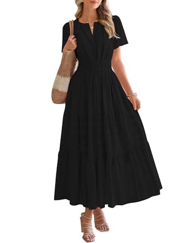 BTFBM Summer Dress for Women 2026 Maxi Dress Lightweight Short Sleeve V Neck Elastic Waist Boho Beach Spring Dresses(Black, X-Large)