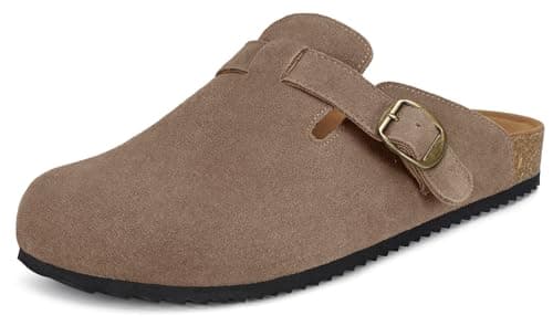 Intini Suede Clogs for Mens Womens Leather Clogs Adjustable Buckle Cork Footbed Home Slippers Sandals Brown