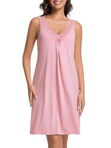 CONOMAX Nightgowns for Women Sleeveless Sleep Shirt V-Neck Chemise Sleepwear Lace Night Gown Soft Sleep Dress(L)