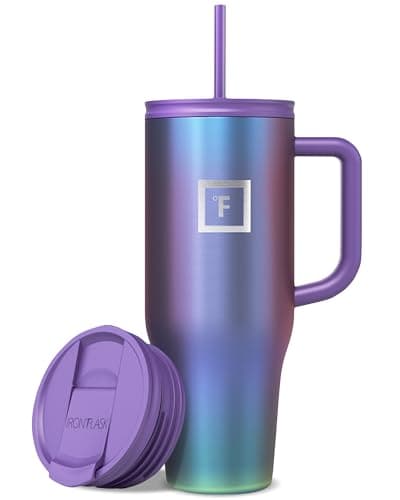 IRON °FLASK ​​Insulated Tumbler with Straw Lid & Handle - 40oz (2 Lids) - Vacuum Leakproof Double Walled Stainless Steel Travel Mug Cup for Coffee...