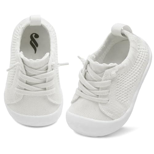 JIASUQI Chaussures de bébé pour tout-petits garçons et filles, baskets respirantes à enfiler, chaussures de marche pour bébés (blanc, 12-18 mois)