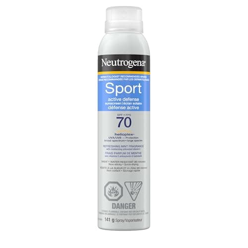 Neutrogena Sport Active Defense SPF 70 Spray solaire, écran solaire en spray résistant à la sueur et à l'eau avec protection solaire UVA/UVB à large spectre pour...